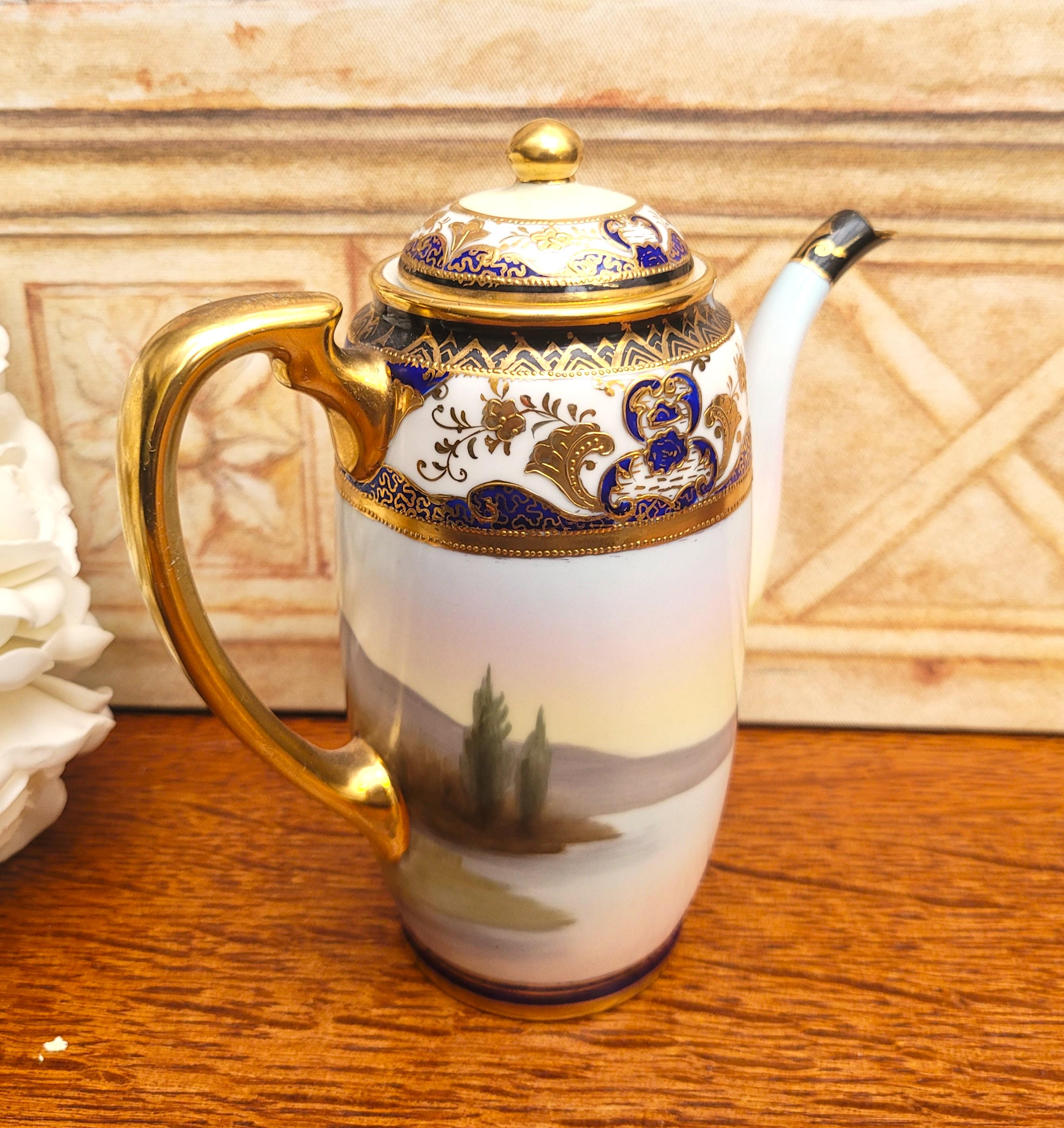 Antique Noritake Porcelain Tranquil Lake & Mountain Scene Coffee