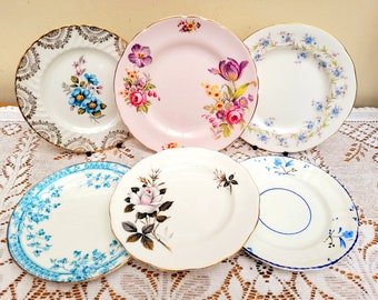 6 Pretty Mismatched China Tea Side Plates, Vintage Wedding, Tea party, garden party, Craft China