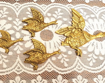 Vintage Brass Graduated Flying Duck Mallard Wall Plaques, Set of 4 (2 same size)