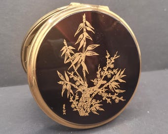 Stratton Convertible Powder Compact Bamboo & Blossom, emalia brązowa, sygnowana Erika