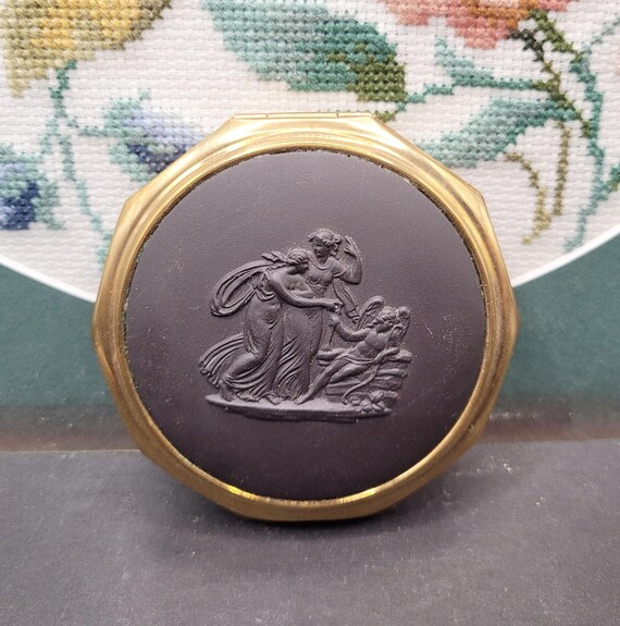 Stratton Wedgwood Vintage Powder Compact, Black Basalt Jasperware 