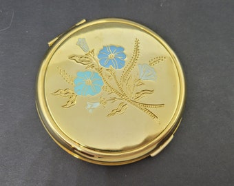 Stratton Powder Compact Blue White Convolvulus Flower Goldtone Enamel. Unused