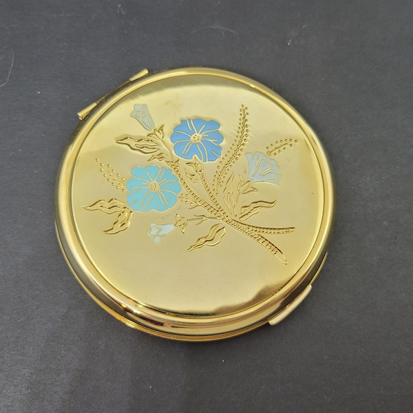 Stratton Powder Compact Blue White Convolvulus Flower Goldtone Enamel. Unused