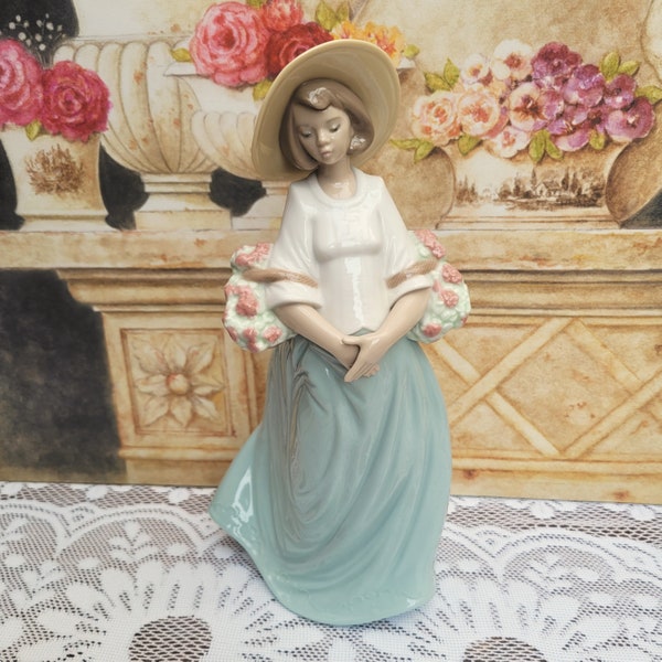 Nao by Lladro Figurine "Flower Harvest" 1356, Lady in hat carrying baskets of beautiful flowers