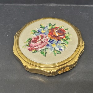 KIGU Powder Compact, Petit Point needlework embroidery, Pretty Roses, Mayfair shape, 1960s