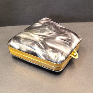 Vintage Lucite Handbag Shaped Powder Compact & Lipstick Holder, Grey Marbled, Goldtone 1950s