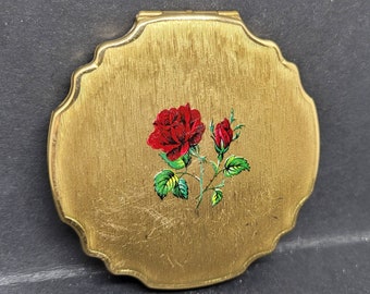Vintage Stratton Red Rose Powder Compact, Petite Shape Brushed Gold  1960s
