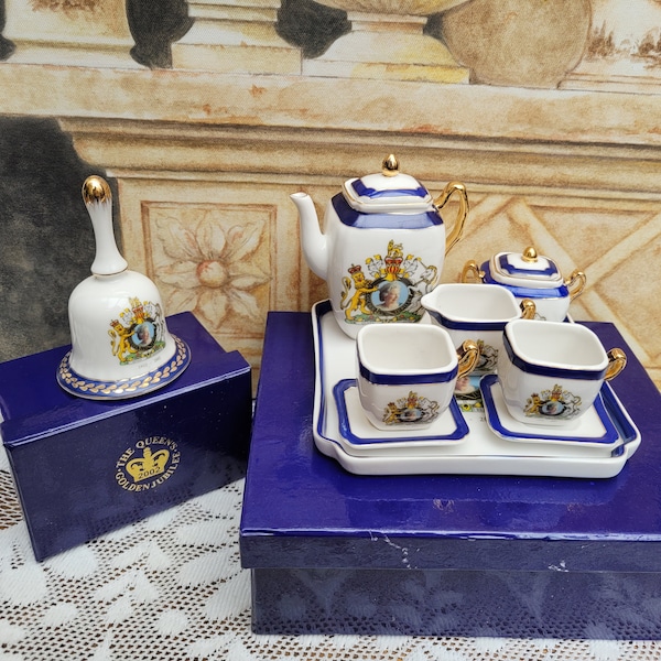 Miniature Queens Golden Jubilee Tea Coffee Set & Tea Bell, House of Valentine Boxed, 2002