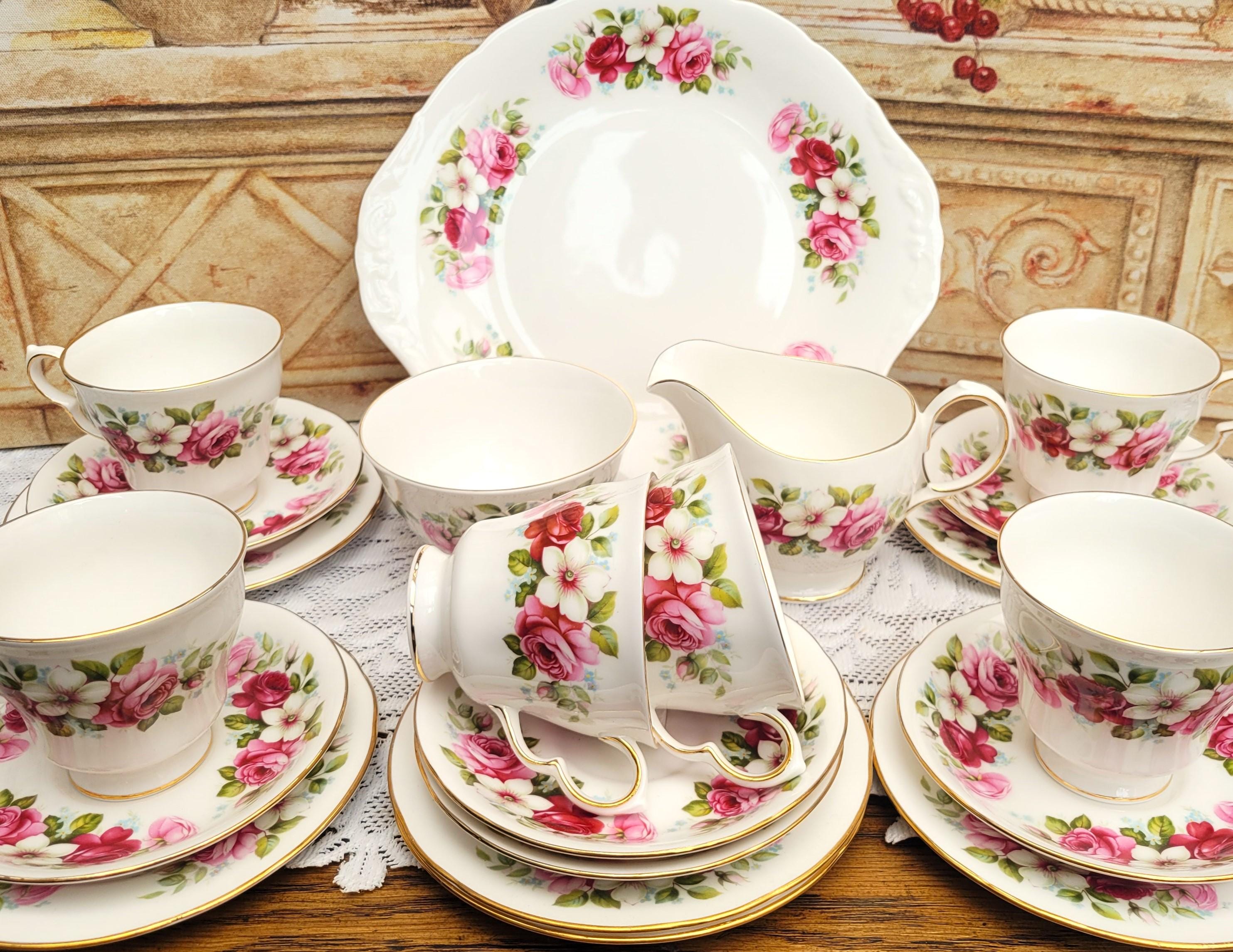 Vintage Queen Anne Tea Set: Pink Roses Bone China, England, 21