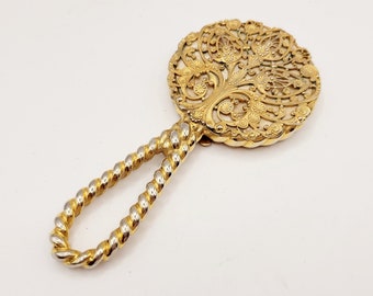 Vintage French Novelty Powder Compact Hand Mirror, Goldtone Filigree Rope Twist