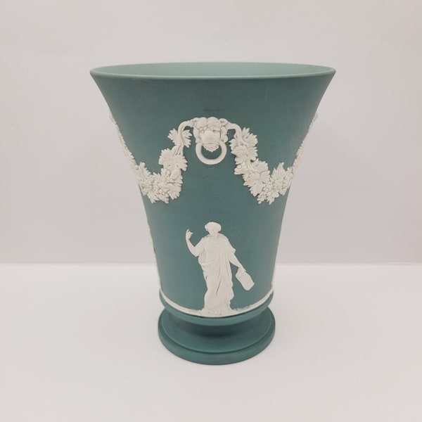 Wedgwood Teal Green Jasperware Footed Base, Muses Relief Grape Vine Swags Lion Knockers 6"