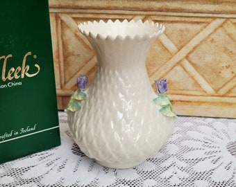Belleek Parian Irish China Vase, Quilted Purple Thistle, Boxed 5.5"