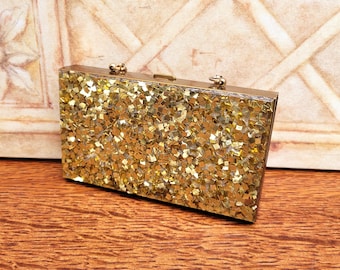 Vintage Lucite Carryall Compact Vanity Bag, Glitter Gold Confetti, Lipstick, Comb, Cigarette Case, Made in USA