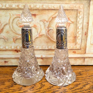 Pair English Edwardian Silver & Cut Glass Scent Bottles, Antique Perfume Bottles.