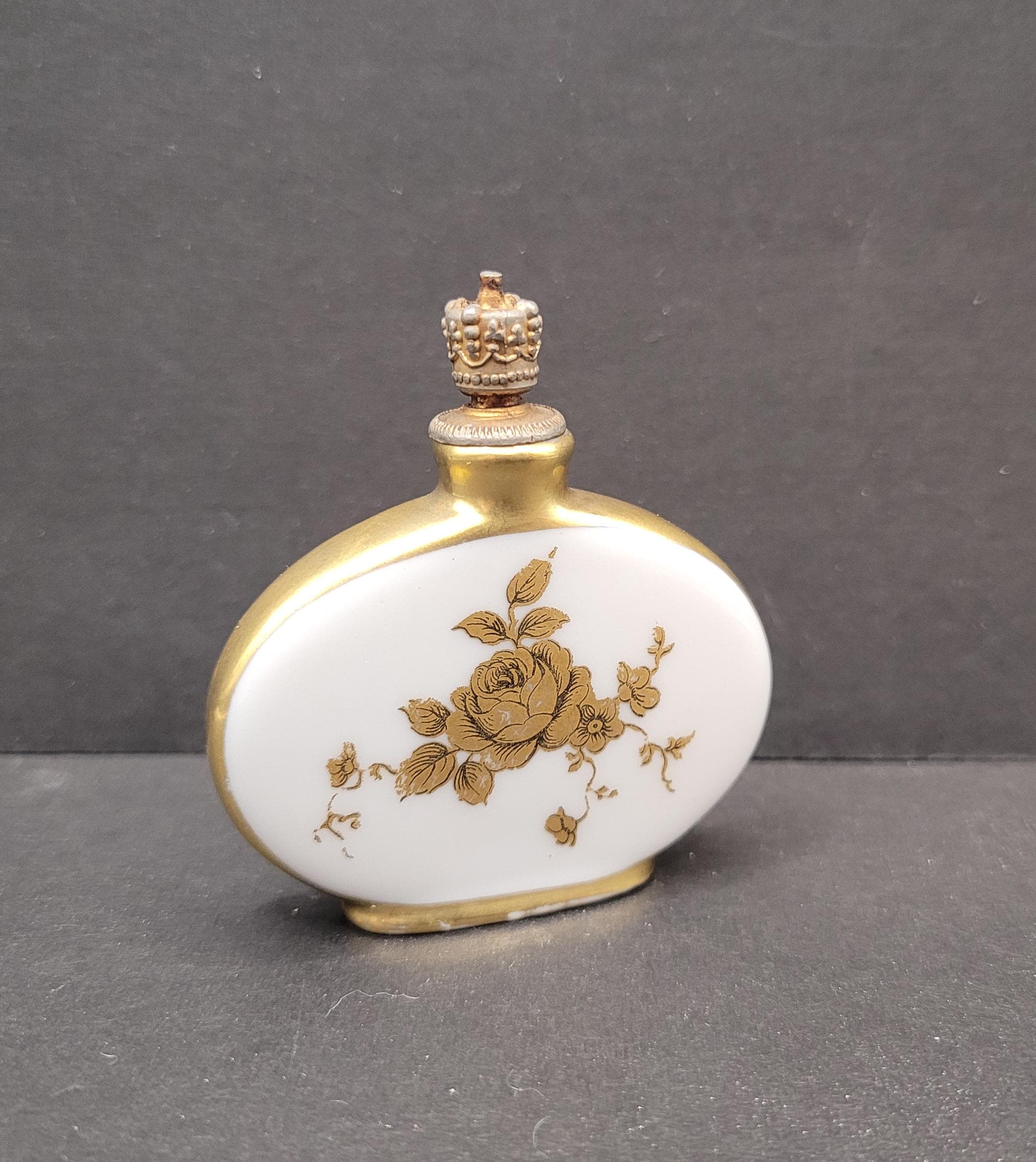 #アンティーク　王冠型香水 Vintage Porcelain Scent Bottle Crown Top Gold Roses, German C1920s