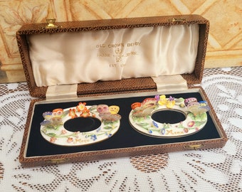 Beautiful Royal Crown Derby Porcelain Butterfly Menu Holders Floral Encrusted, Stevenson & Hancock c1934 Boxed