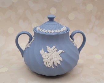Wedgwood Blue Jasperware Fluted Floral Sugar bowl , Made in England