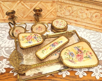 Vintage Lace Petit Point Embroidered 7pc Dressing Table Set, Meadow Flowers, Candlesticks, Trinket Box, Filigree Tray