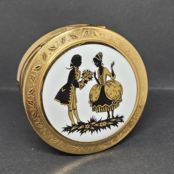 Vintage Powder Compact Porcelain Black & Gold, Regent of London,  Regency Courting couple. Leaf Embossed