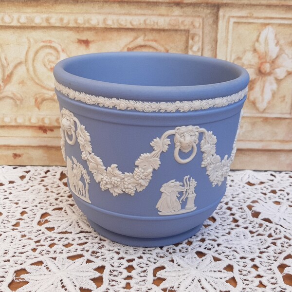 Wedgwood Blue Jasperware Jardinière Planter Lion Knocker Vine Swags Neoclassical Relief