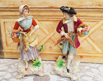 Sitzendorf Continetal Porcelain Pair Figures. Lady & Gent Fruit Flower Basket, Game Bird Rabbit