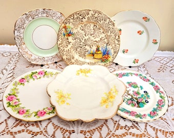 6 Pretty Mis-matched China Tea Side Plates, Vintage Wedding, Tea party, garden party, Craft China, Mix and Match