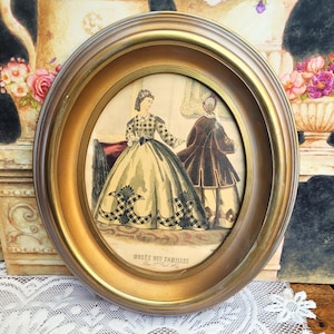 Antique Gilt Framed Victorian Fashion Lithograph Print, Period Costume, Musee Des Familles c1870