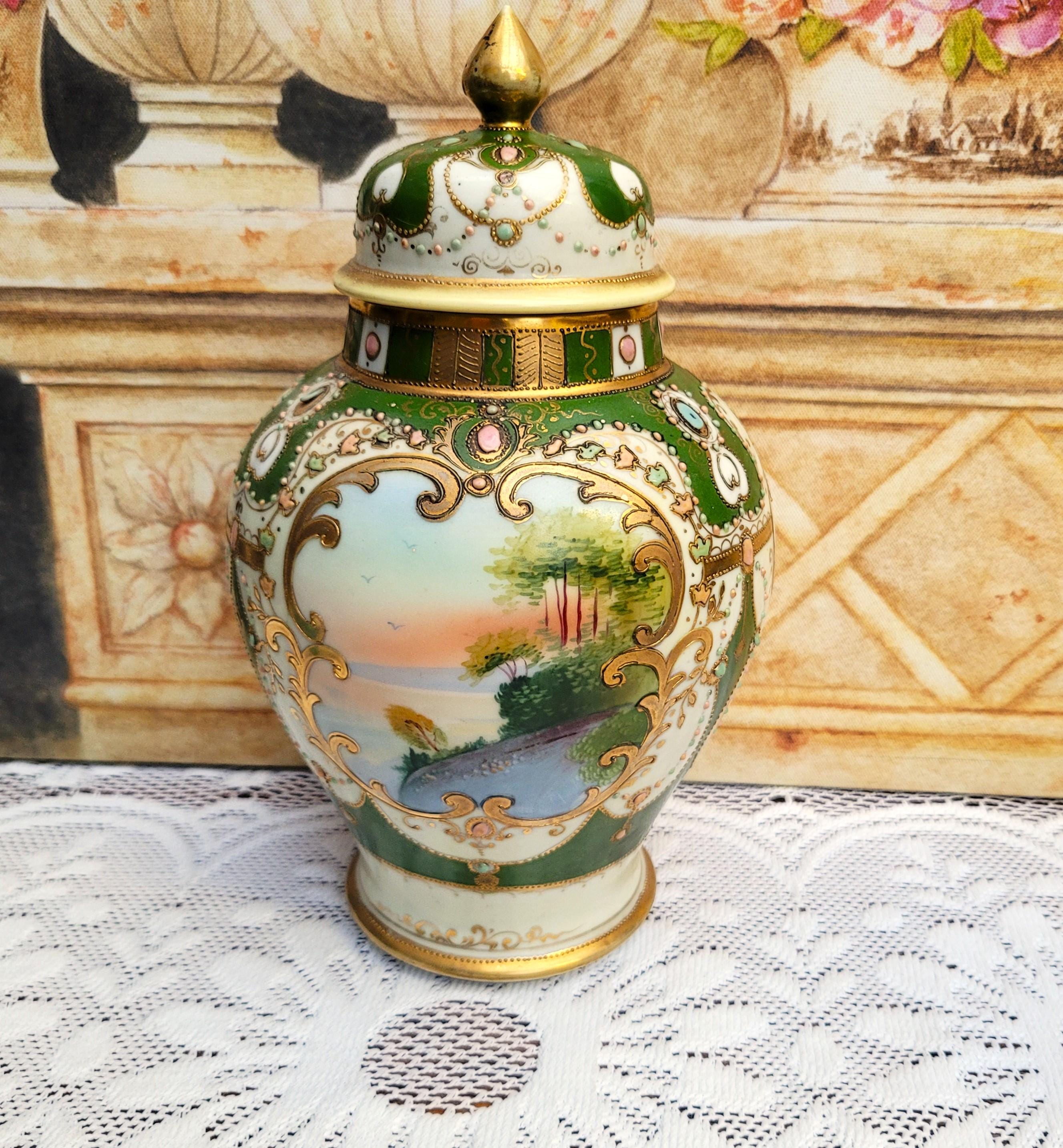 Antique Noritake Temple Vase Jar Hand Painted Artist Signed