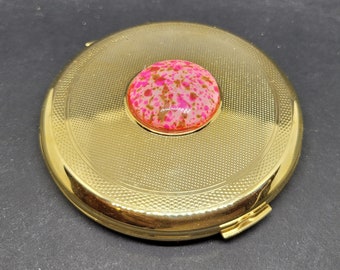 Stratton Goldtone Powder Compact, cabochon de verre rose et caramel, complet inutilisé, poudre libre