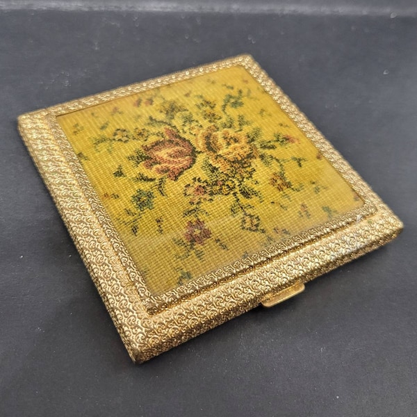 Vintage Powder Compact Regent of London Tapestry Needlepoint Embossed Gold case