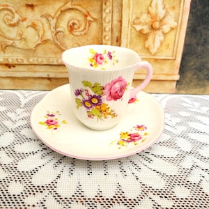 Shelley Dainty China Coffee Cup and Saucer Hulmes Rose, c1950s Made in England