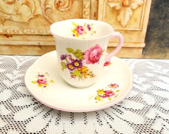 Shelley Dainty China Coffee Cup and Saucer Hulmes Rose, c1950s Made in England