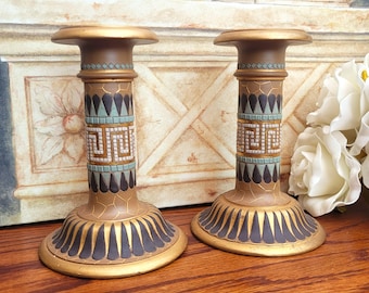 Pair of Doulton Lambeth Silicon Candlesticks, Mosaic Greek Egyptian Style with Gilt Highlights c1881