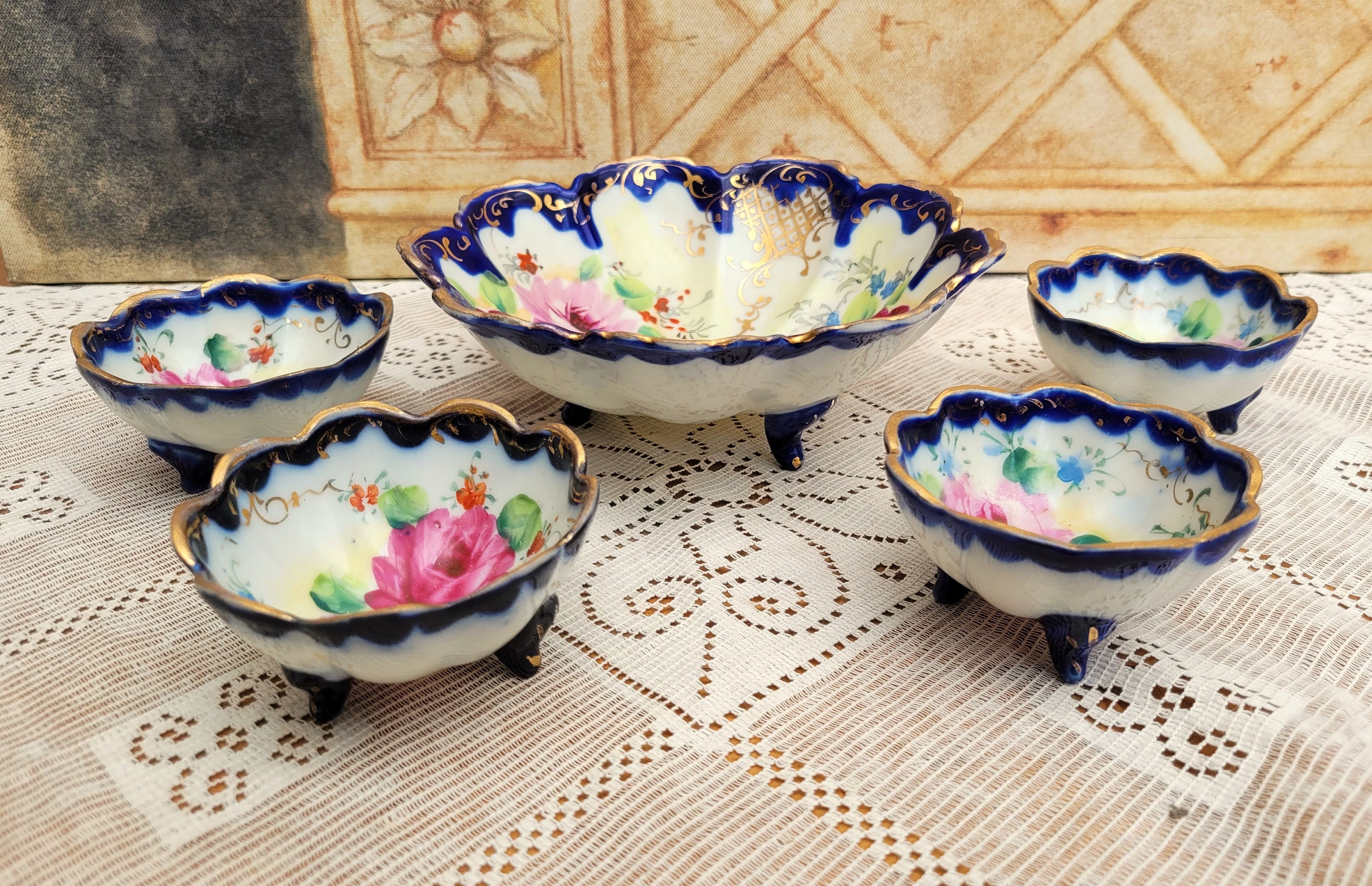 Antique Nippon Japan Fluted Nut Bowl Set Hand Painted Pink Etsy