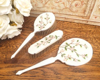 Art Deco Vanity Set: Guilloche Enamel Cherry Blossom, Henry Clifford Davis c1920s