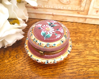 Victorian Bohemian Cranberry Glass Vanity box, Hand painted enamel Gerbera & Sugar frosted.