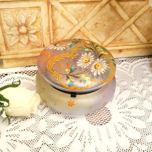 Victorian Moser Satin Glass Dressing Table Box, Painted Enamel Flowers, Bohemian Glass 1890