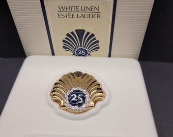 Estee Lauder Solid Perfume Compact, White Linen, 25th Anniversary Gold Shell, w pudełku