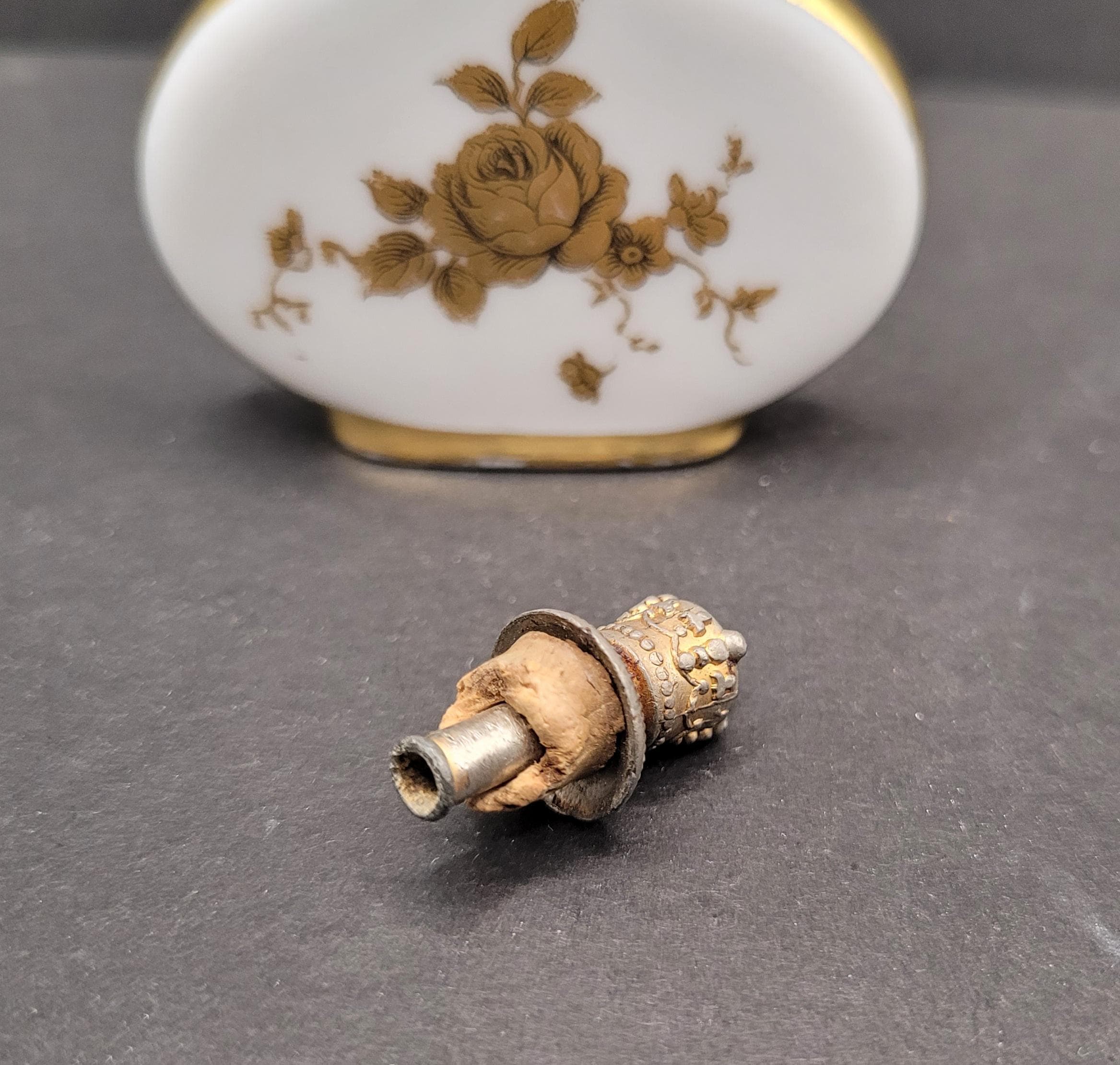Vintage Porcelain Scent Bottle Crown Top Gold Roses, German C1920s