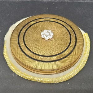Vintage Powder Compact, Zenette, Goldtone Engine Turned, Black Enamel, Diamante Flower, Pretty