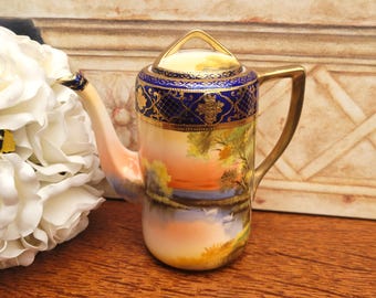 Antique Noritake Porcelain Swan Lake Coffee Pot, Hand painted Cobalt & Gold c1920s