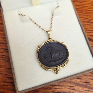 May include: A gold-toned pendant necklace featuring an oval, dark-colored cameo with a carved horse design. The pendant is set in a decorative frame and hangs from a delicate chain, presented in a cream-colored box.