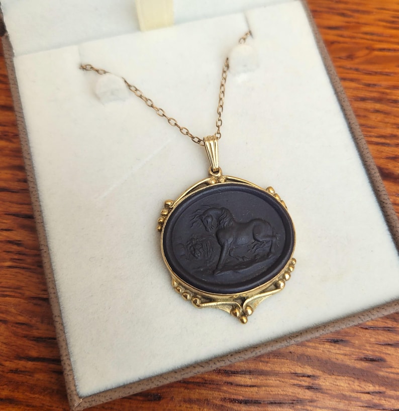 May include: A gold-toned pendant necklace featuring an oval, dark-colored cameo with a carved horse design. The pendant is set in a decorative frame and hangs from a delicate chain, presented in a cream-colored box.
