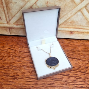 May include: A gold-toned pendant necklace with a dark blue cameo in a presentation box. The cameo features a classical relief of a reclining animal. The box is open, revealing a white interior and a brown exterior.