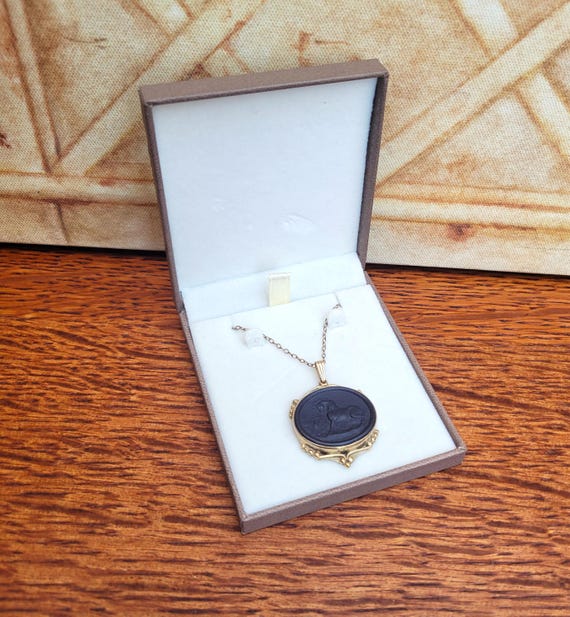 Wedgwood Black Basalt Stubbs Frightened Horse Pendant Necklace, 18ct Gold Plated Silver.