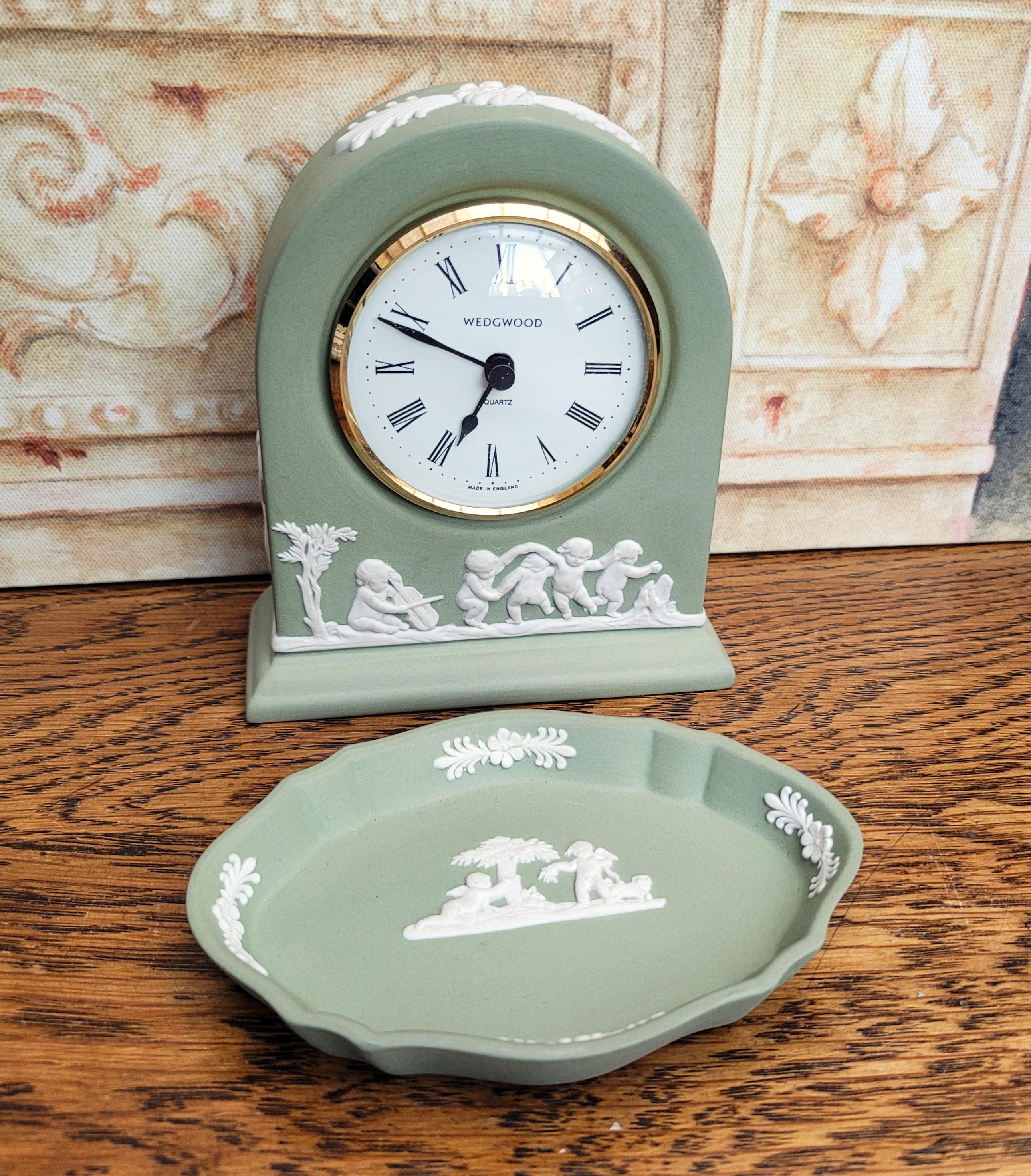 Wedgwood Sage Green Jasperware Mantle Clock & Silver Shape Tray