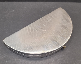 Rex Fifth Avenue Large Half Moon Powder Compact, Silvertone Engine Turned