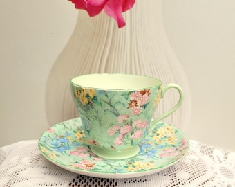 Vintage Shelley Melody Chintz Cup & Saucer Duo 13453, Green Trim c1950s
