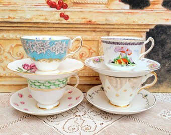 Mismatch Tea Cups & Saucers x4, Vintage Wedding, Mad Hatter Teaparty, Afternoon Tea,