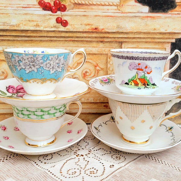 Mismatch Tea Cups & Saucers x4, Vintage Wedding, Mad Hatter Teaparty, Afternoon Tea,